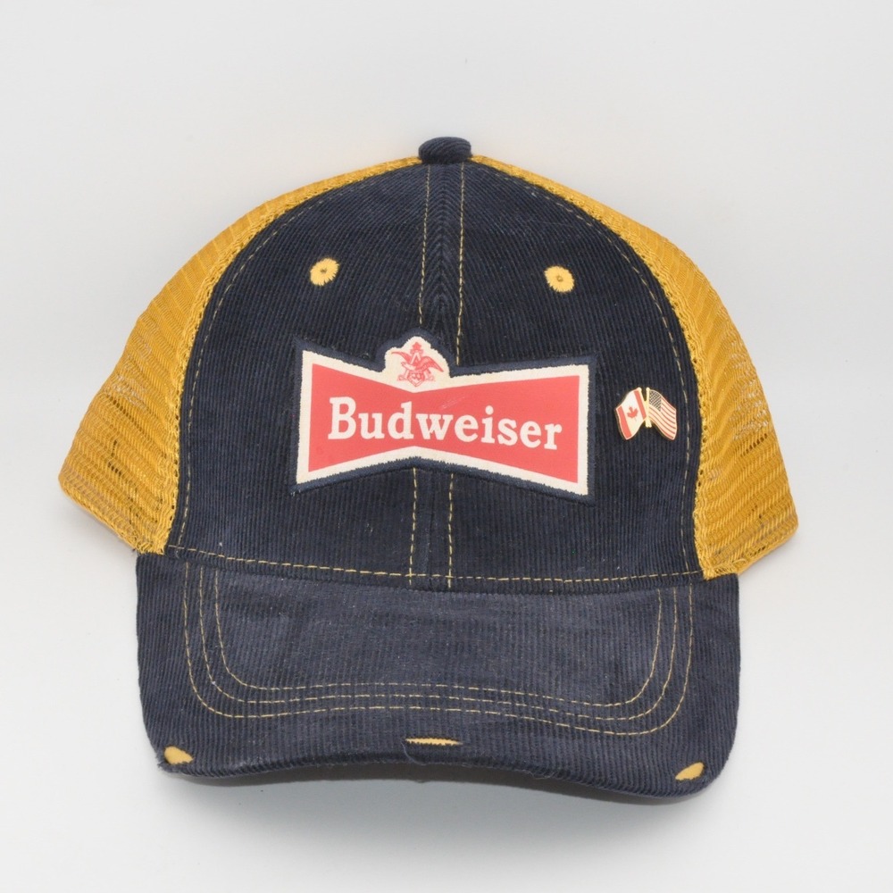 Budweiser Trucker Hat Navy Yellow Excellent Corduroy‎ Mesh Snapback Logo Patch